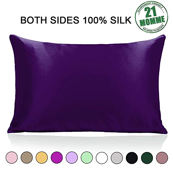 Ravmix 100% Pure Natural Mulberry Silk Pillowcase for Hair and Skin Both Sides 21 Momme 600TC Hypoallergenic Soft Breathable with Hidden Zipper, Queen Size 20×30 inches, 1-Pack, Violet
