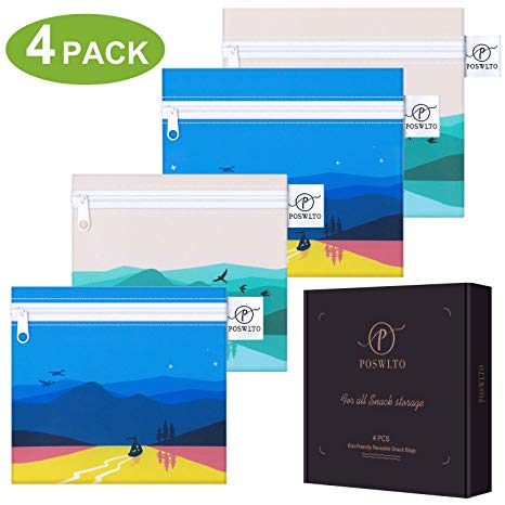Poswlto Snack Bags, Reusable Sandwich Bags, Washable, Food Safe, BPA Free, 4-Pack - the Sun, the forest, the ocean