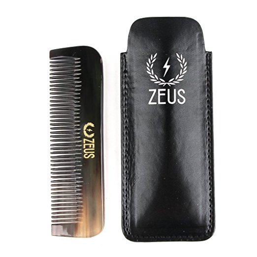 Zeus Natural Horn Medium Tooth Beard Comb in Leather Sheath - Beard Comb for Men