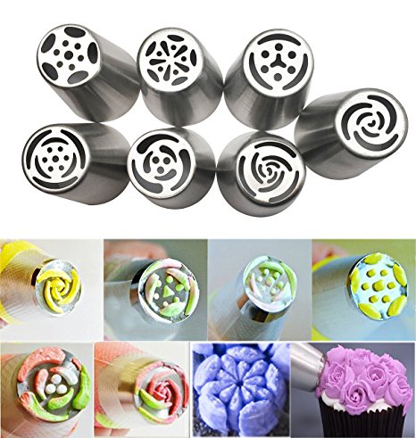 JJMG Russian Tulip Tips Stainless Steel Icing Piping Nozzles Pastry Decorating Tips Cake Cupcake Decorator icing dispenser (7 pieces)