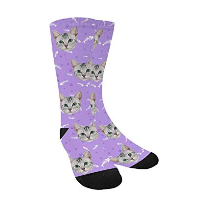 Custom Personalized Photo Pet Face Socks, Fish Bones, Cat and Dog Tracks Paws Crew Socks with Picture for Men Women