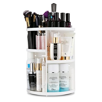 Jerrybox 360-Degree Rotating Makeup Organizer, Adjustable Multi-Function Cosmetic Storage Unit, Compact Size with Large Capacity, Fits Different Types of Cosmetics and Accessories, Round,White