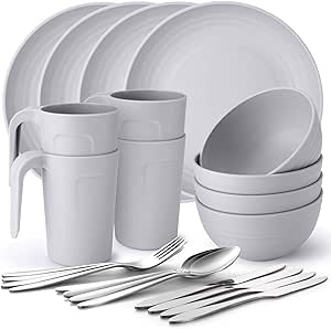 Odoland Camping Utensils Consists of Camping Plates and Bowls & Camp Mug Mess Kit for Camping 4 People to Cooking Backpacking Hiking Gray