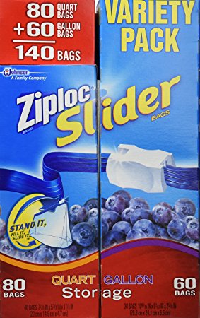 Ziploc Easy Zipper Variety Pack - 140 Bags(including 80 Quart Size Bags & 60 Gallon Size Bags)