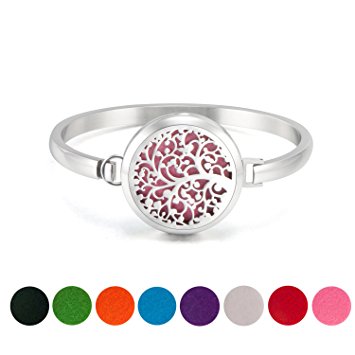 BESTTERN Stainless Steel Family Tree Essential Oil Diffuser Bracelet Locket Bangle With 8 Free Pads