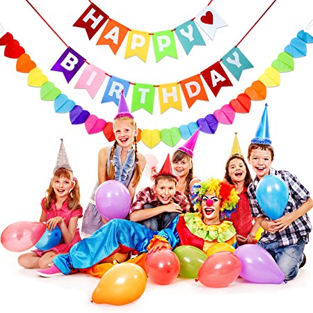 Happy Birthday Banner Party - Birthday Party Supplies for Kid Girl Boy Baby Adult 1st 2nd 3rd birthday with 1 Colorful Rainbow Paper Garland, 1 HAPPY BIRTHDAY Banner Set, 2 Red Satin Strings Reusable