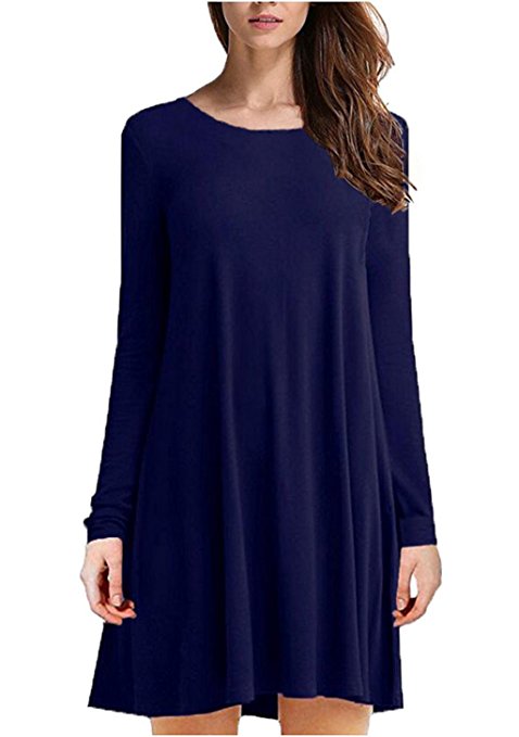 Tooklanet Women's Long Sleeve O-Neck Casual Loose T-Shirt Dress by
