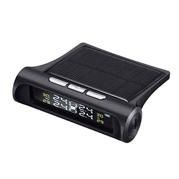 Aftermarket Tire Pressure Monitoring System TPMS with Solar Power Panel Real Time Monitoring Tires Pressure and Temperature with 4 Wireless & Waterproof Cap Sensors