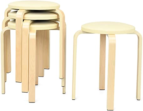 COSTWAY 18.5-inch Bentwood Stools, Set of 4 Backless Round Stools with Cushioned Seat, Non-Slip Foot Mats, Stackable Counter Stools for Dining, Kitchen, Living and Class Room (Birch)