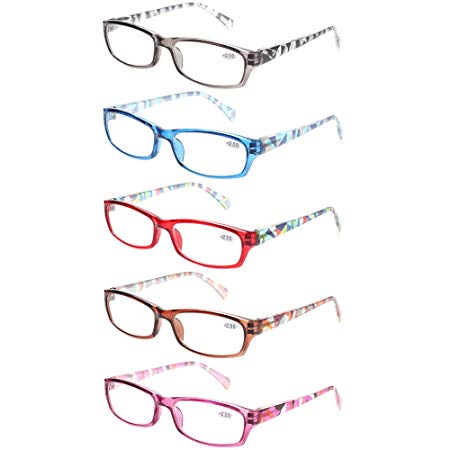 Reading Glasses 5 Pairs Stylish Pattern Frame Readers Quality Fashion Ladies Glasses for Women ( 1.25, 5 Pairs Mix Color)