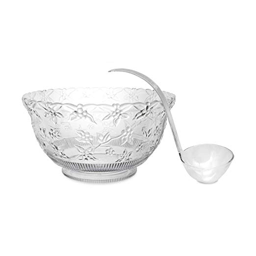 Party Essentials Heavyweight Hard Plastic 8-Quart (2-Gallon) Embroidered Design Punch Bowl/Serving Bowl with 5 Oz. Plastic Ladle, Clear