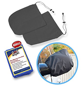 SnowOFF Car Side Mirror Snow Covers Set - Protect Auto Exterior Rear View Mirrors from Snow, Ice & Frost - BONUS Demist Cloth - Automotive Door Armor - Fit Cars, CRVs some SUVs - Like Windshield Cover