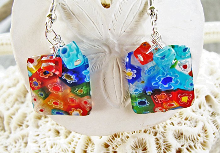 Millefiori Glass Square Earrings with Red and Blue Accents