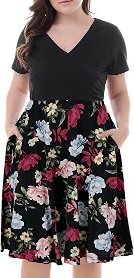 Nemidor Women's V-Neck Print Pattern Casual Work Stretchy Plus Size Swing Dress with Pocket