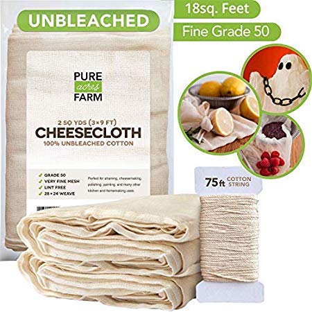 Cheesecloth - 2 Yards - Fine Weave: Grade 90-100% Unbleached Cotton - Filter - Strain - Reusable (Cotton String Included)
