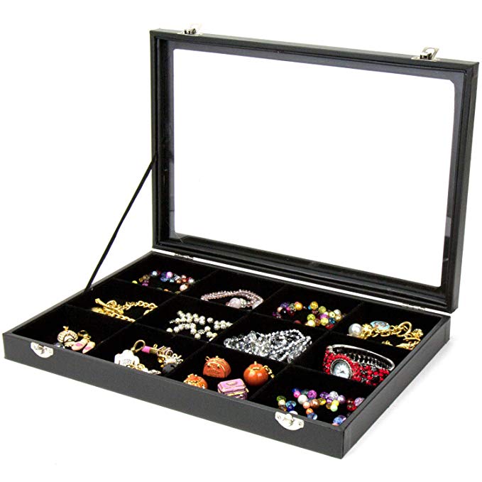 H&S® Glass Lid Bracelet Ring Jewellery Display Storage Box Tray Case - 12 Grid