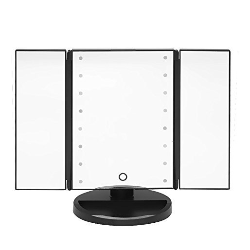 MALLCROWN 16 Led Light Makeup Mirror,180 Degree LED Table Makeup Mirror,Tabletop adjustable Lighted Cosmetic Mirrors Tri-Fold Lighted With Three Way Led Touch Screen