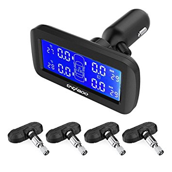 CACAGOO Wireless TPMS Tire Pressure Monitoring System with Temperature and Pressure LCD Display, Real-time Alarm Function PSI BAR Units Selection (4 Internal Sensors)