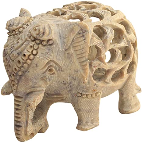 SALE AND DEALS - Soapstone Collectible Figurine Sculpture of Mother Elephant with Baby Inside Mother's Tummy - Handmade in Openwork From a Single Block of Stone Stone Art 5" Soapstone Collectible
