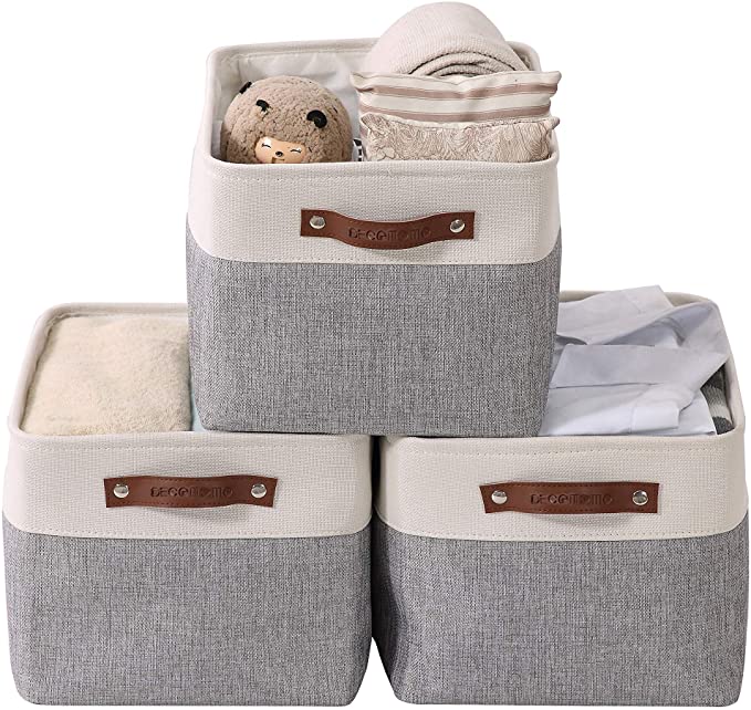 DECOMOMO Foldable Storage Bin Collapsible Sturdy Cationic Fabric Storage Basket Cube W/Handles for Organizing Shelf Nursery Home Closet (White, Large - 15 x 11 x 9.5-3 Pack)