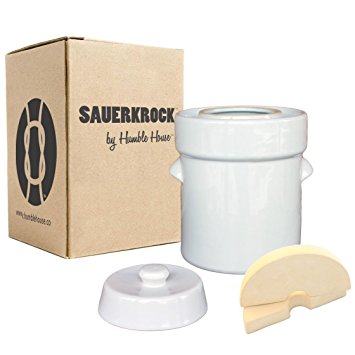 Humble House Fermentation Crock German-Style SAUERKROCK "City" 2 Liter (0.5 Gallon) Water Sealed Jar, Lid and Weights in Natural White - For Fermenting Sauerkaut, Kimchi and Pickles!