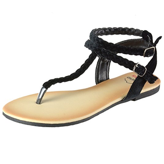 alpine swiss Women's Gladiator Sandals Braided T-Strap Slingback Roman Flats