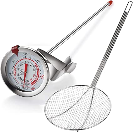 Oil Thermometer Deep Fry   Skimmer Spoon, Deep Fryer Thermometer with Clip, Frying Thermometer has 12" Stem, Strainer Spoon With Handle Is 5" Diameter For Frying And cooking.