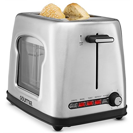 New & Improved Gourmia GWT430 Stainless Steel Wide Slot Toaster With See Through Window, 4 Setting Toaster for Bread & Bagels, 6 Adjustable Temperature Controls