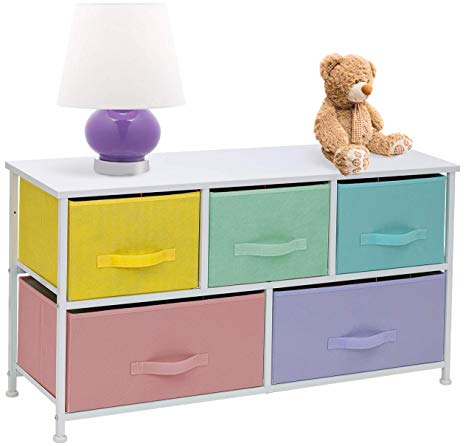 Sorbus Dresser with 5 Drawers Furniture Storage Tower Chest for Kid’s, Teens, Bedroom, Nursery,Steel Frame, Wood Top, Easy Pull Fabric Bins, Pastel/White