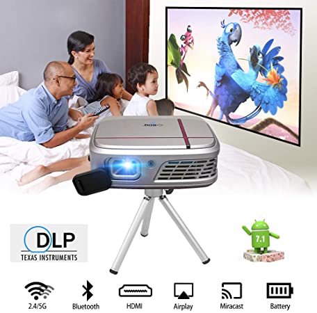 Pocket Wireless Projector Bluetooth, Portable Mini Wifi DLP Projector 3300 Lumens Mobile Indoor Outdoor Movie Cinema Gaming TV Video with HDMI USB Audio Battery, fpr 1080P, Phone, Laptop, PS4