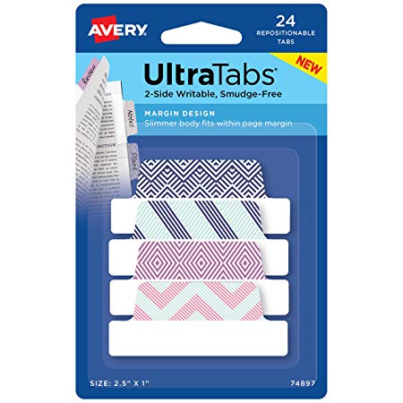 Avery Ultra Tabs Repositionable Margin Tabs, Two-Side Writable Page Tabs, 2.5" x 1", Multicolor Geometric Designs, 24 Index Tabs (74897)