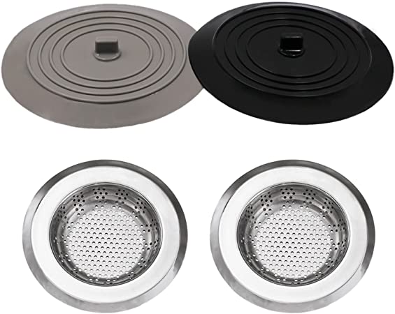 V-TOP Sink Strainer Stopper 4 Pack, Universal Silicone Kitchen Sink Drain Strainer Cover Plug Stopper Kit, 4.5 Inch Stainless Steel Sink Filter Strainer, Food Catcher for Kitchen Sink