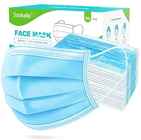 Lagostina 50 Pack Disposable Face Masks for Adults 3 Ply Face Mask Mouth Cover with Nose Clip and Ear Loops Suitable for Office School Outdoor(Blue)