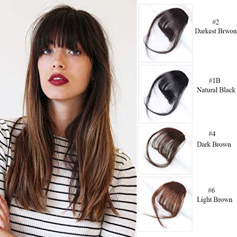 Reysaina Clip in Air Bangs 100% Remy Hair #6 Medium Brown Neat Front Air Bangs with Temple Hand Tied Clip in on Bangs