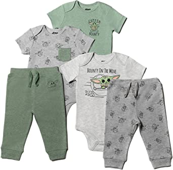 Star Wars Mandalorian The Child Baby Jogger 5 Piece Bodysuit Pants Set Green/Grey