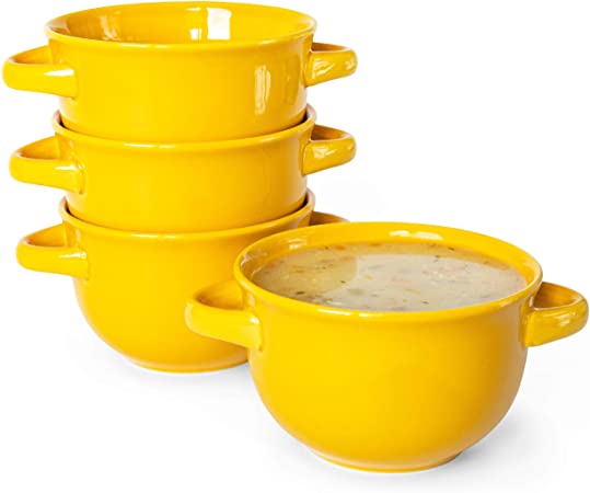 Soup Crocks with Handles, Ceramic Make, Soup, Chilli, by KooK, Yellow, Set of 4, 22oz