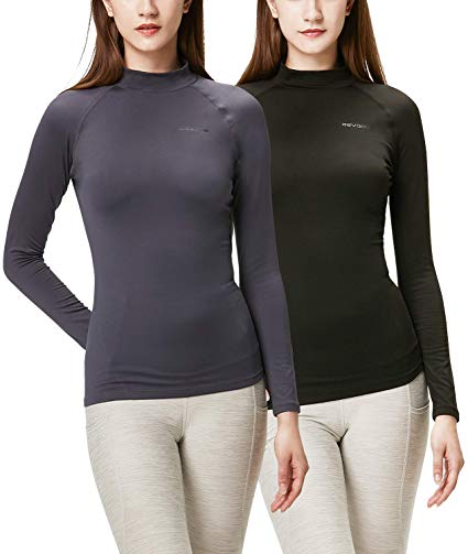 DEVOPS Women's 2 Pack Thermal Heat-Chain Compression Baselayer Tops Mock Turtleneck Long Sleeve T-Shirts