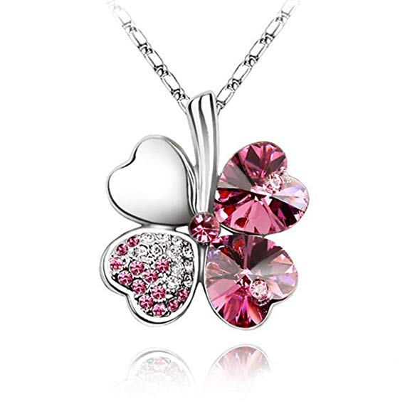 TR.OD Peach Heart Four Leaf Lucky Luck Clover Pendant Necklace Rhinestone Crystal Inlayed Jewelry for Girls Women Pink