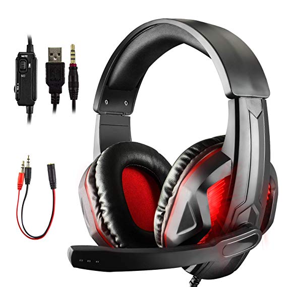 Etpark LED Gaming Headsets for PS4 Xbox One PC Laptop, 3.5mm Stereo Gaming Headphones, Over-Ear Surround Sound Headphone, Volume Control Headset with Noise Cancelling Mic (Black with LED)