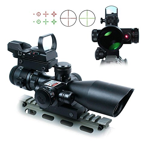 Freehawk® 2.5-10x40 Tactical Rifle Scope/Gun Scope Dual illuminated Mil-dot with Red Laser Rail Mount, Open Reflex Sight with Weaver-Picatinny Rail Mount for 11 mm Rails