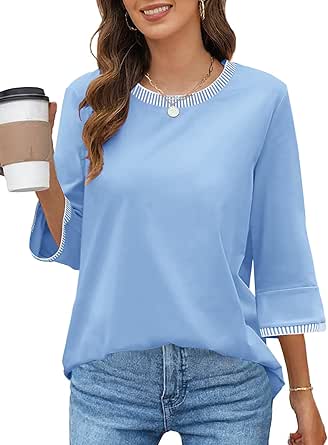 MEROKEETY Women's 3/4 Sleeve Tops Dressy Casual Crew Neck Color Block Loose Trendy Blouses T Shirts