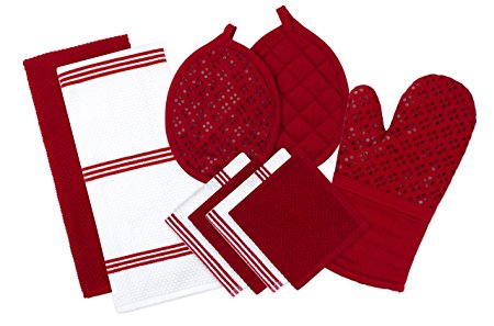 Sticky Toffee Silicone Printed Oven Mitt & Pot Holder, Cotton Terry Kitchen Dish Towel & Dishcloth, Red, 9 Piece Set