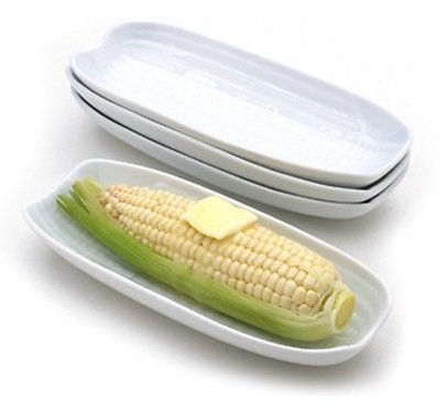Set of 4 - Porcelain Corn Dish / Ceramic Corn on the Cob Plate, White