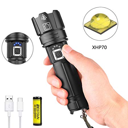 BESTSUN USB Rechargeable LED Flashlight, CREE XHP70.2 Powerful Flashlight 6000 Lumen Tactcial Flashlights Military Hand Torch Zoomable with Power Display 5 Modes(Battery included)