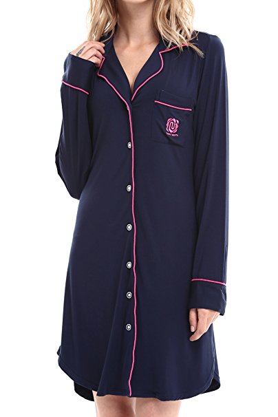 NORA TWIPS Women Long Sleeve Pajama Top Buttom Down Sleep Shirt Dress (XS-XL)