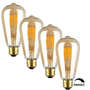 Edison LED Bulb Pack of 4 By SooFoo, Vintage LED Filament Lighting Bulb, Retro Edison Style, 6w to Replace 60w Incandescent Bulb, Soft White, Dimmable, For Restaurant, Living Room, Reading Room