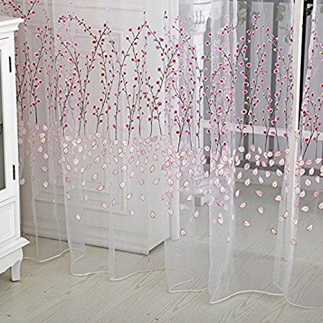 Norbi Fresh Floral Print Tulle Voile Door Window Rom Curtain Drape Panel Sheer Scarf Valances (Pink)