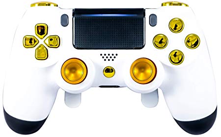 PS4 Elite Controller Soft Touch White/Gold Custom with Paddles, Trigger Stops. Professional Level Graded Equipment. Tournament Approved and Legal! for FPS Games, COD, Fortnite, Destiny, Black Ops 4