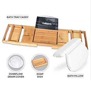 Milliard Ultimate Bath Spa Kit, includes Bamboo Bath Caddy tray, Suction Bath Pillow & Overflow Bathtub Drain Cover Set