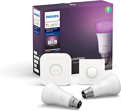 Philips Hue White and Colour Ambiance Starter Kit: Smart Bulb 2X Pack LED [B22 Bayonet Cap] Includes Hue Button   Bridge. Works with Alexa, Google Assistant and Apple HomeKit